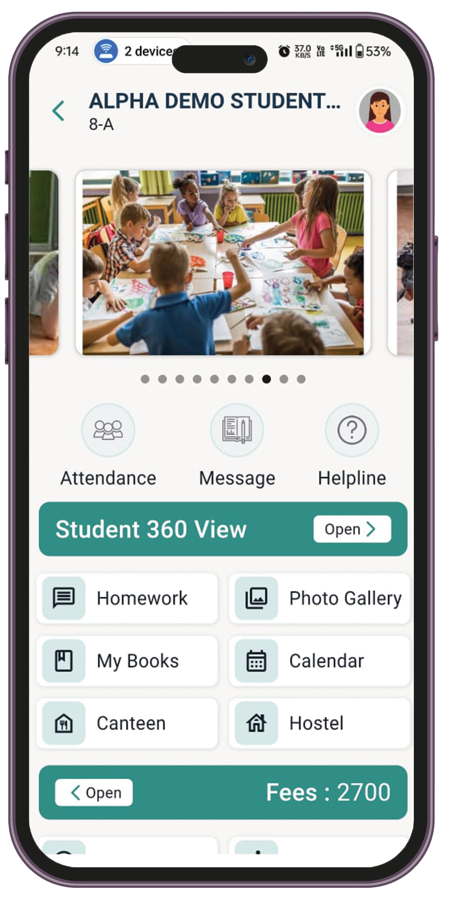 Alpha Campus student and parent mobile app menu on smartphone — school ERP India