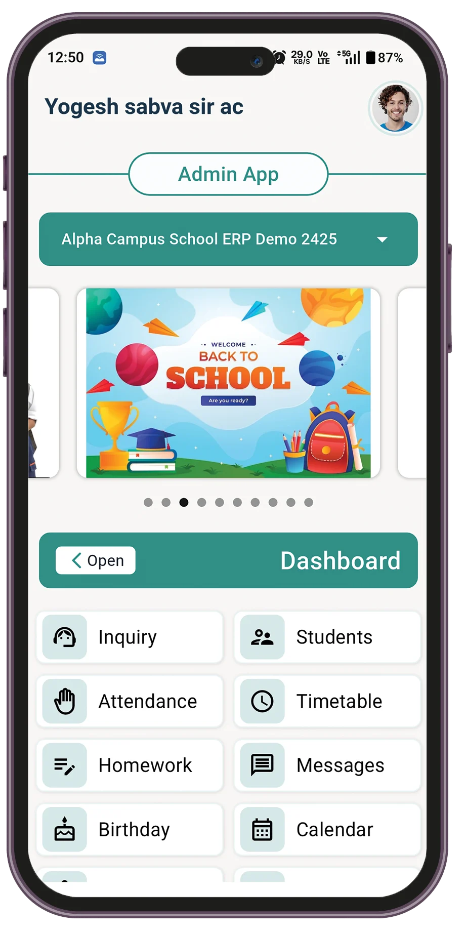 Alpha Campus Admin and Teacher app on smartphone — staff dashboard and school operations